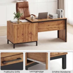 Computertisch Holz Schreibtisch mit 2 Offene Fächer 2 Schubladen & ein Eintüriger Schrank 181 x 60 x 76 cm