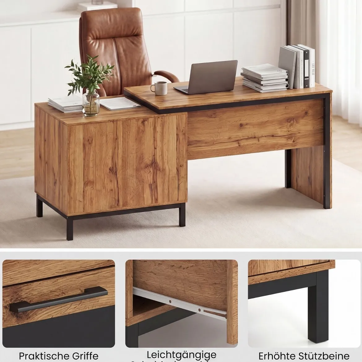 Computertisch Holz Schreibtisch mit 2 Offene Fächer 2 Schubladen & ein Eintüriger Schrank 181 x 60 x 76 cm