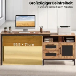 Computertisch Holz Schreibtisch mit 2 Offene Fächer 2 Schubladen & ein Eintüriger Schrank 181 x 60 x 76 cm