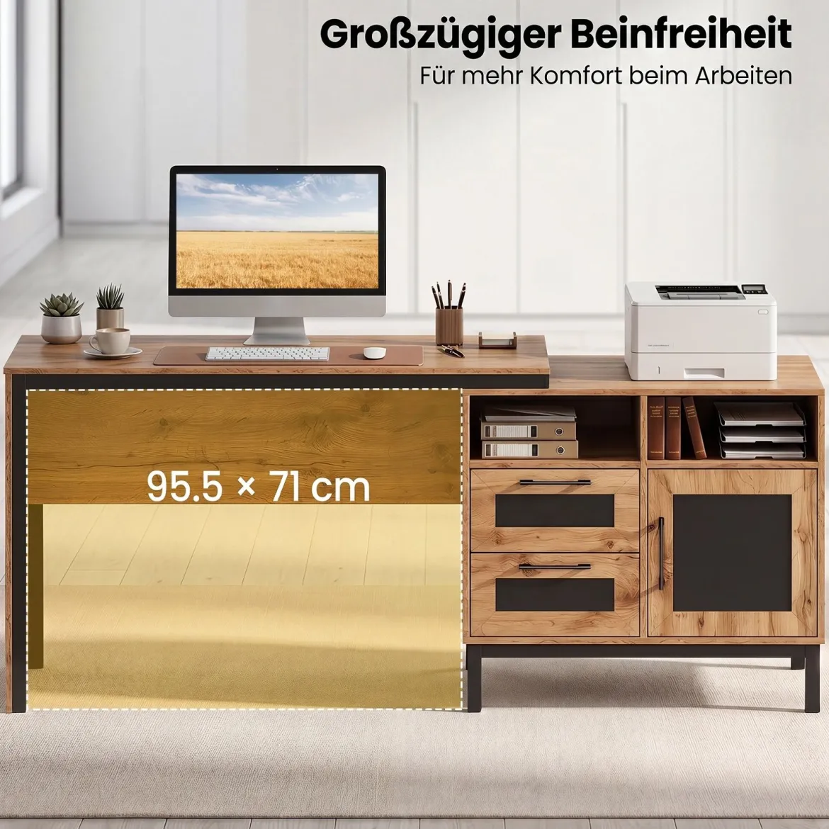 Computertisch Holz Schreibtisch mit 2 Offene Fächer 2 Schubladen & ein Eintüriger Schrank 181 x 60 x 76 cm