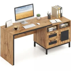 Computertisch Holz Schreibtisch mit 2 Offene Fächer 2 Schubladen & ein Eintüriger Schrank 181 x 60 x 76 cm