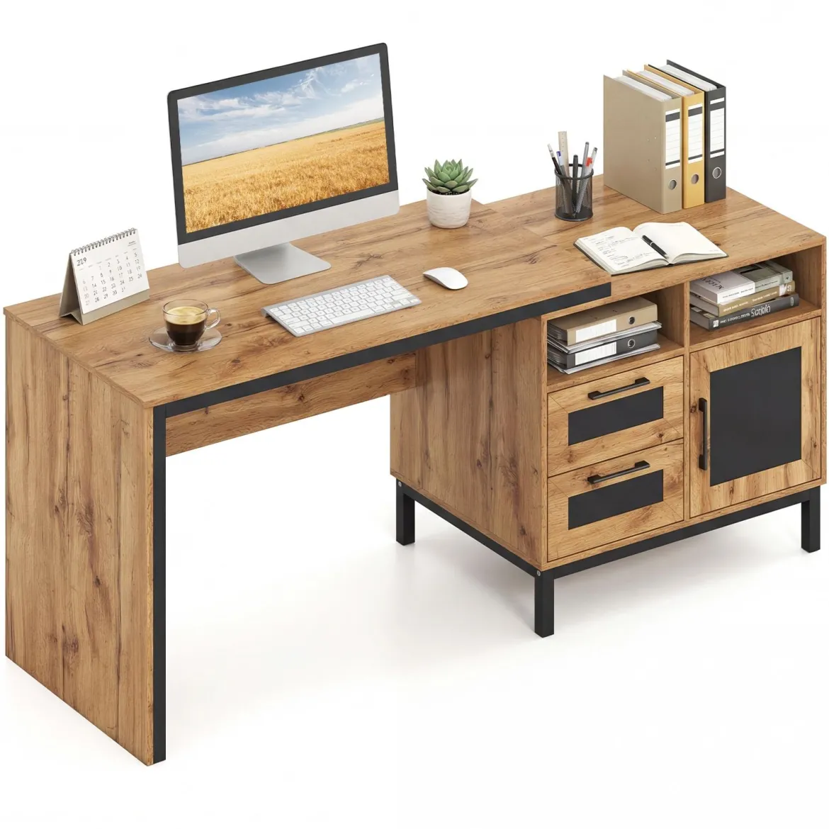 Computertisch Holz Schreibtisch mit 2 Offene Fächer 2 Schubladen & ein Eintüriger Schrank 181 x 60 x 76 cm