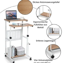 Computertisch 2-in-1 Bürotisch mit Höhenverstellbarer Tischplatte 55 x 53 x 98 cm Natur + Weiß