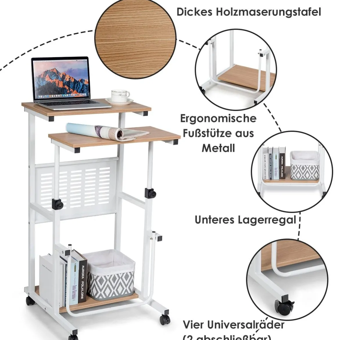 Computertisch 2-in-1 Bürotisch mit Höhenverstellbarer Tischplatte 55 x 53 x 98 cm Natur + Weiß