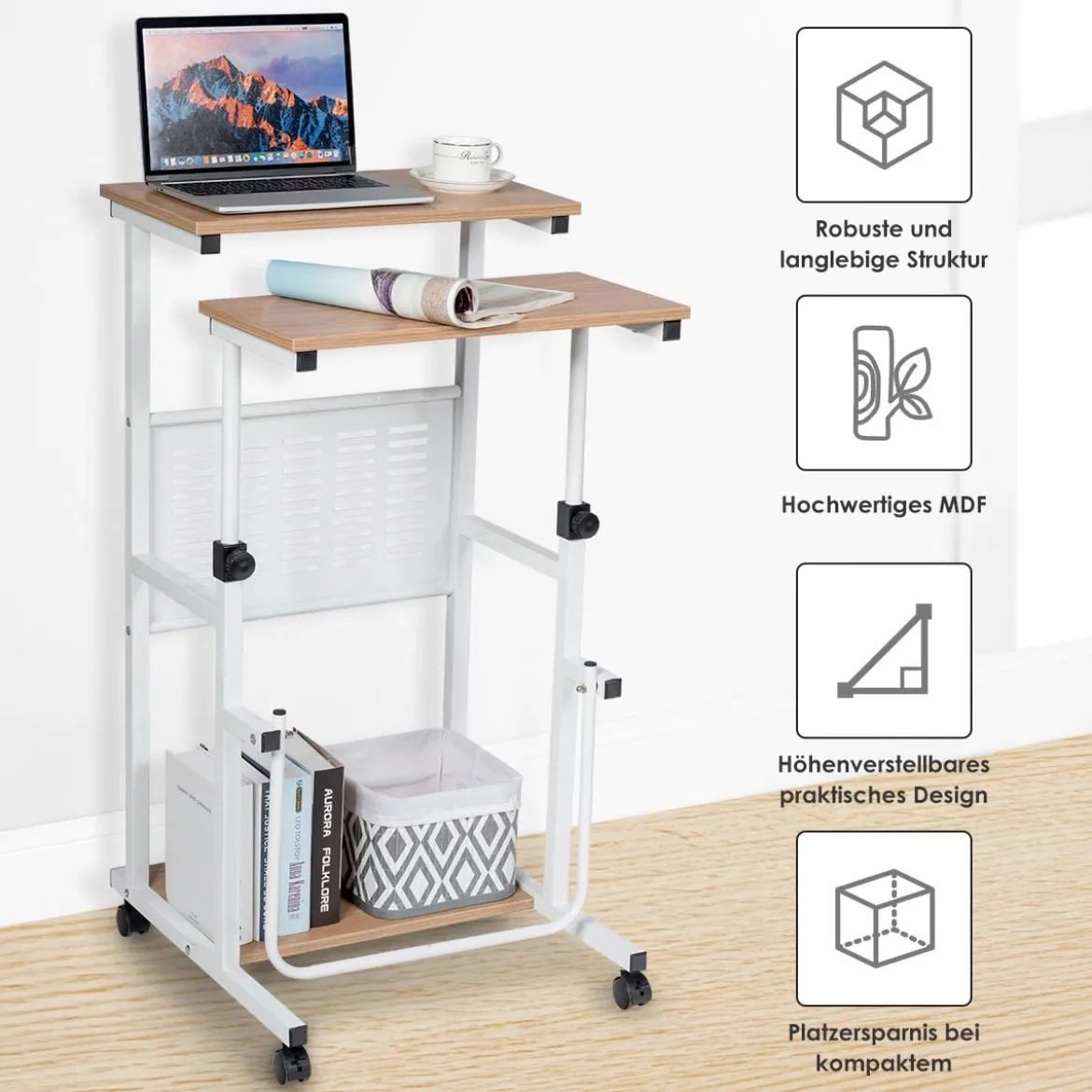 Computertisch 2-in-1 Bürotisch mit Höhenverstellbarer Tischplatte 55 x 53 x 98 cm Natur + Weiß