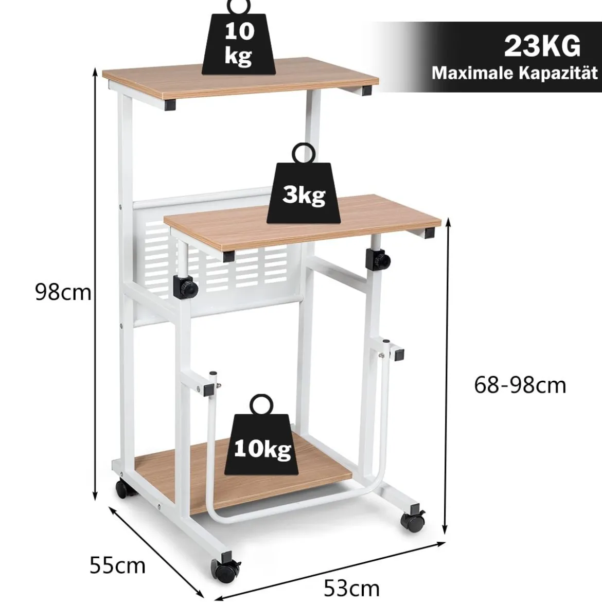 Computertisch 2-in-1 Bürotisch mit Höhenverstellbarer Tischplatte 55 x 53 x 98 cm Natur + Weiß