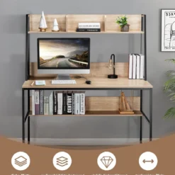 Computertisch mit Ablage & Bücherregal & Verstellbaren Fußpads Schreibtisch Arbeitstisch Natur