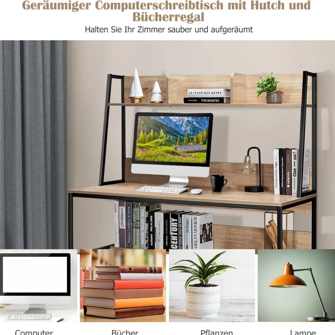 Computertisch mit Ablage & Bücherregal & Verstellbaren Fußpads Schreibtisch Arbeitstisch Natur
