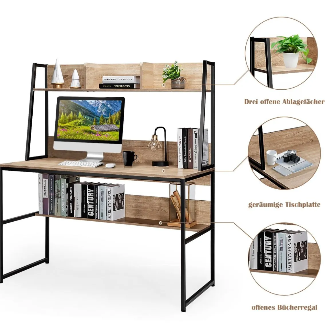 Computertisch mit Ablage & Bücherregal & Verstellbaren Fußpads Schreibtisch Arbeitstisch Natur