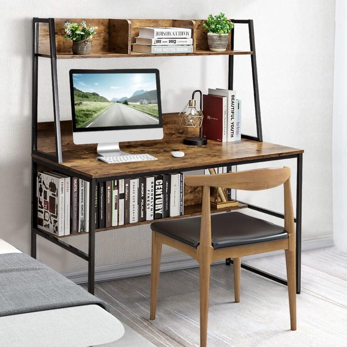 Computertisch mit Ablage & Bücherregal & Verstellbaren Fußpads Schreibtisch Arbeitstisch Kaffee