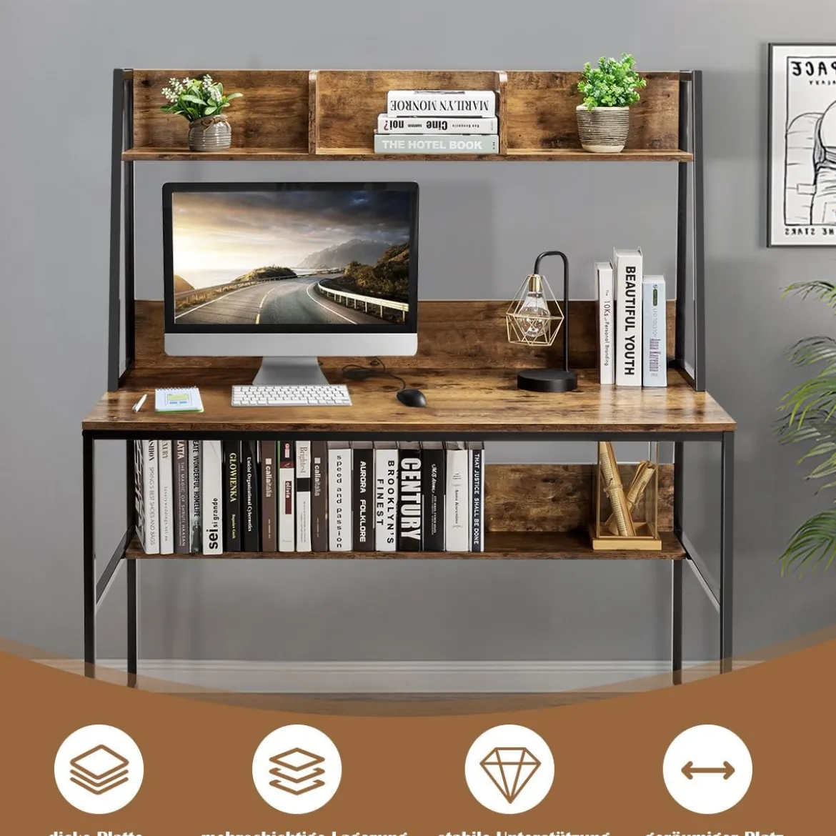 Computertisch mit Ablage & Bücherregal & Verstellbaren Fußpads Schreibtisch Arbeitstisch Kaffee