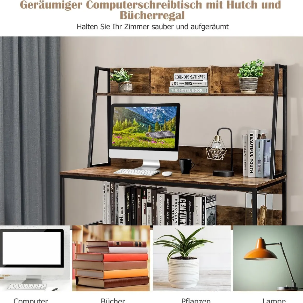 Computertisch mit Ablage & Bücherregal & Verstellbaren Fußpads Schreibtisch Arbeitstisch Kaffee