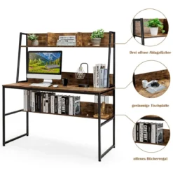 Computertisch mit Ablage & Bücherregal & Verstellbaren Fußpads Schreibtisch Arbeitstisch Kaffee