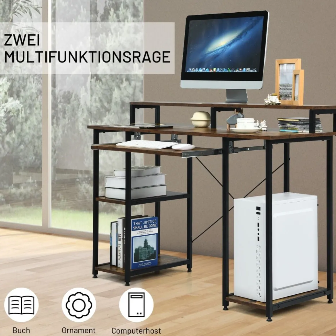 Computertisch mit Ablagefächern Monitorständer Arbeittisch Schreibtisch 118 x 48 x 88 cm Schwarz + Braun