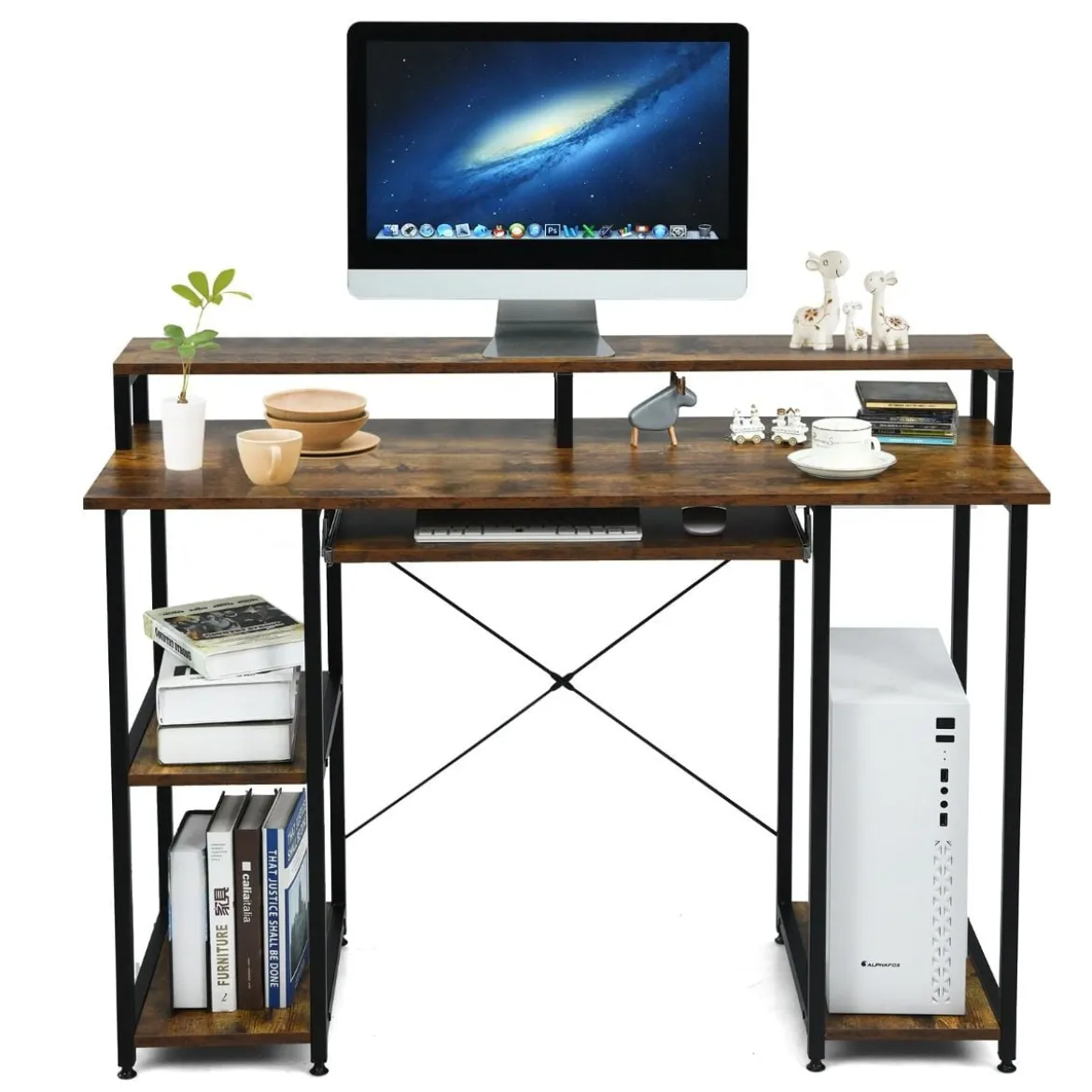 Computertisch mit Ablagefächern Monitorständer Arbeittisch Schreibtisch 118 x 48 x 88 cm Schwarz + Braun