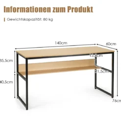Computertisch mit Ablagefläche Metallstruktur Schreibtisch für Arbeitszimmer Office Schlafzimmer Natur