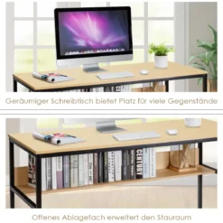 Computertisch mit Ablagefläche Metallstruktur Schreibtisch für Arbeitszimmer Office Schlafzimmer Natur