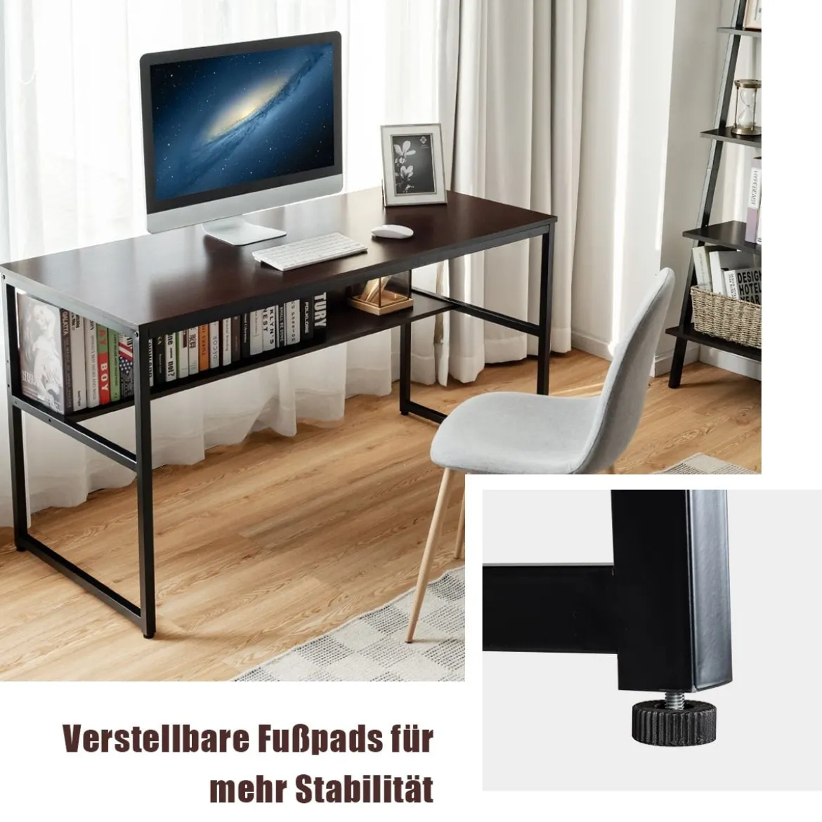 Computertisch mit Ablagefläche Metallstruktur Schreibtisch für Arbeitszimmer Office Schlafzimmer Braun