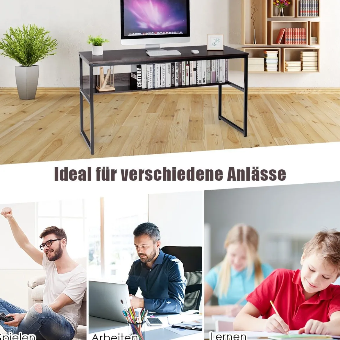 Computertisch mit Ablagefläche Metallstruktur Schreibtisch für Arbeitszimmer Office Schlafzimmer Braun