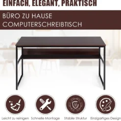 Computertisch mit Ablagefläche Metallstruktur Schreibtisch für Arbeitszimmer Office Schlafzimmer Braun