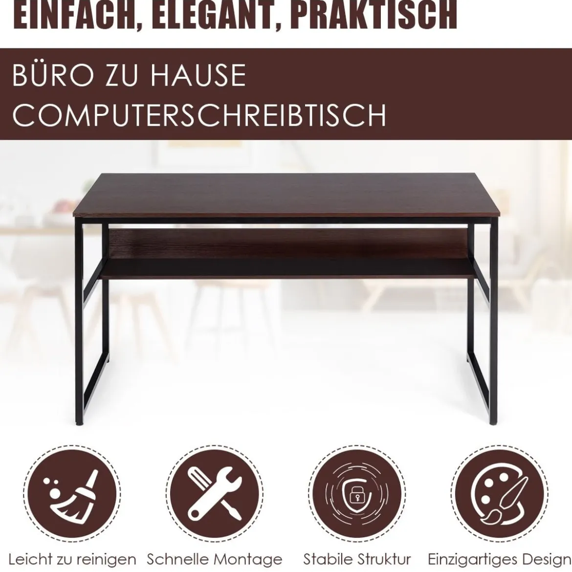 Computertisch mit Ablagefläche Metallstruktur Schreibtisch für Arbeitszimmer Office Schlafzimmer Braun