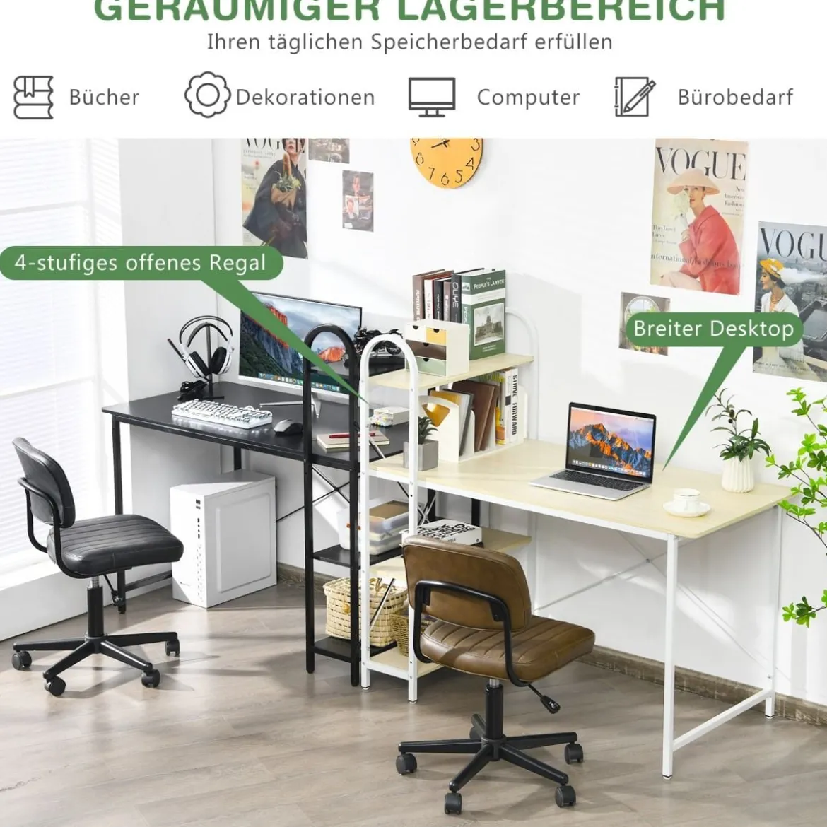 Computertisch mit Ablagefläche mit verstellbaren Untersetzern Bürotisch Homeoffice-Schreibtisch Weiß