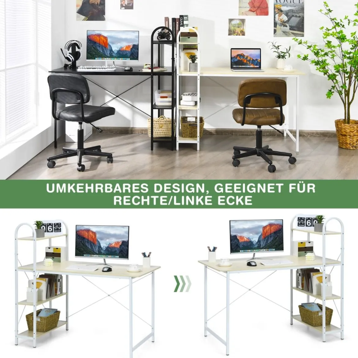 Computertisch mit Ablagefläche mit verstellbaren Untersetzern Bürotisch Homeoffice-Schreibtisch Weiß