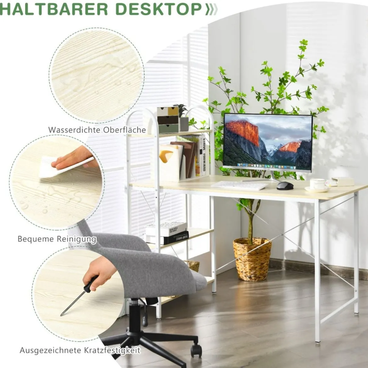 Computertisch mit Ablagefläche mit verstellbaren Untersetzern Bürotisch Homeoffice-Schreibtisch Weiß