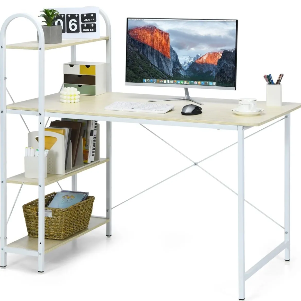 Computertisch mit Ablagefläche mit verstellbaren Untersetzern Bürotisch Homeoffice-Schreibtisch Weiß
