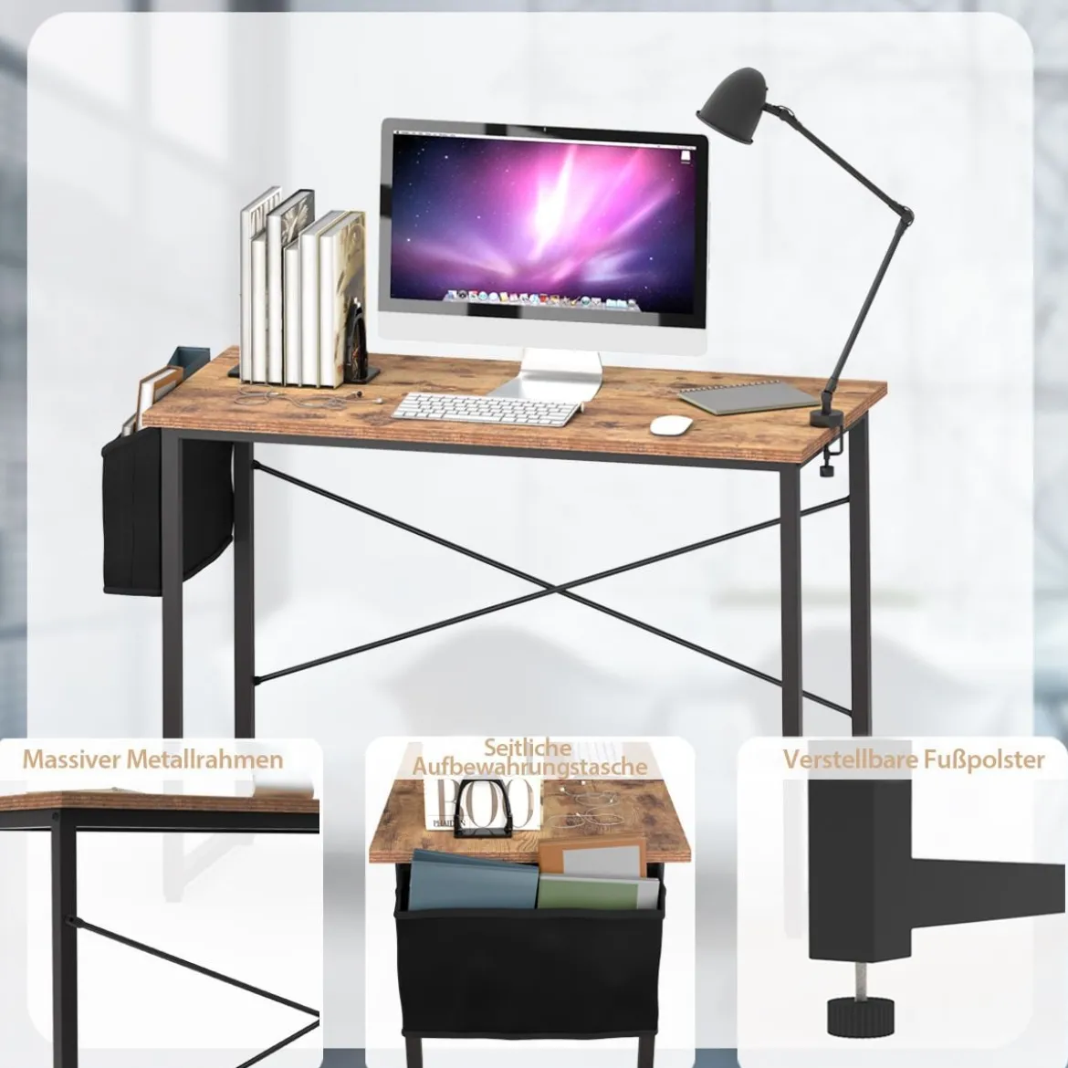 Computertisch mit Aufbewahrungsbeutel Schreibtisch aus Holz 102 X 51 X 76 cm (Rustikales Braun, M)