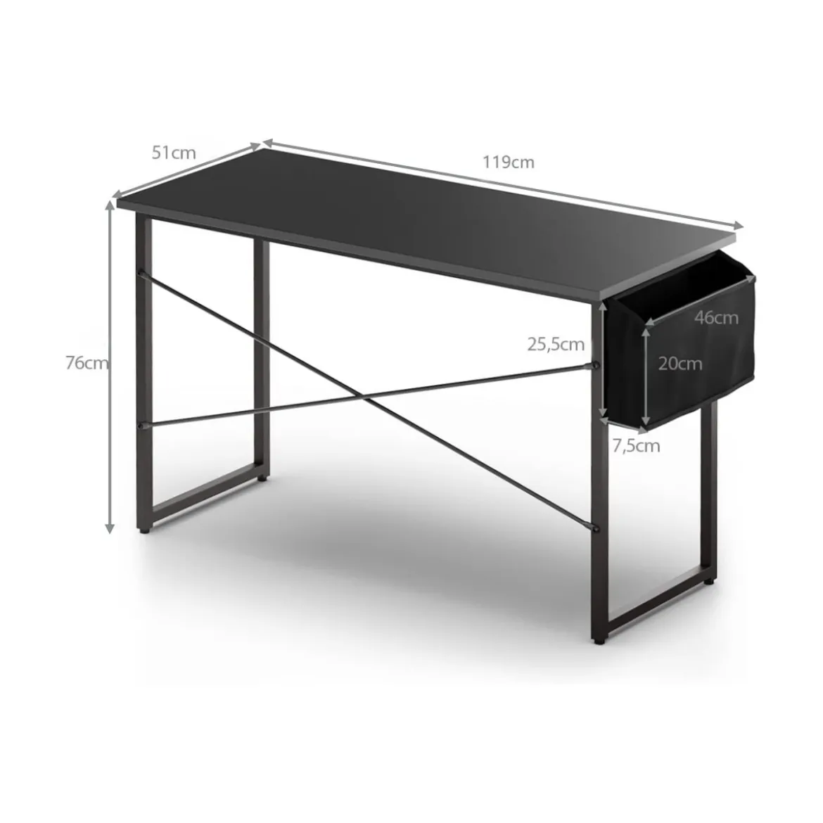 Computertisch mit Aufbewahrungsbeutel Schreibtisch aus Holz 119 X 51 X 76 cm (Schwarz, L)