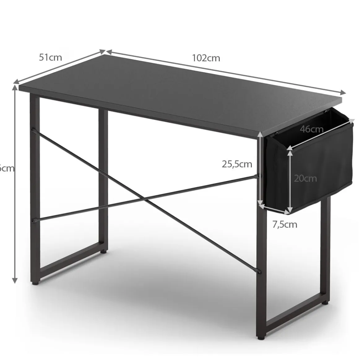 Computertisch mit Aufbewahrungsbeutel Schreibtisch aus Holz 102 X 51 X 76 cm (Schwarz, M)
