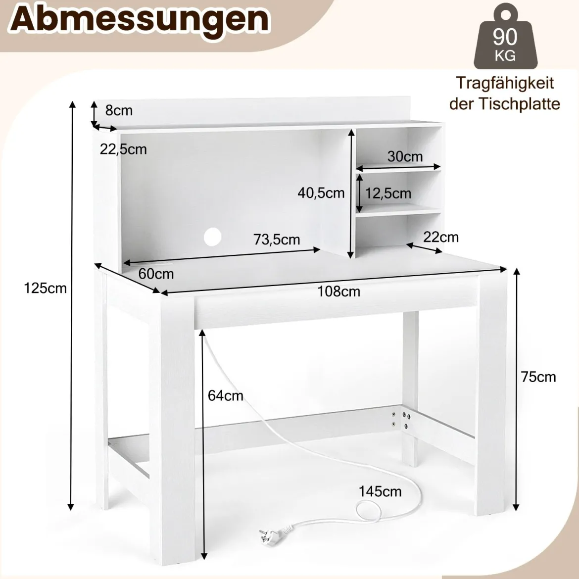 Computertisch mit Aufsatzschrank Bürotisch mit Steckdosen & Kabeldurchführung moderner Schminktisch-Schreibtisch Weiß