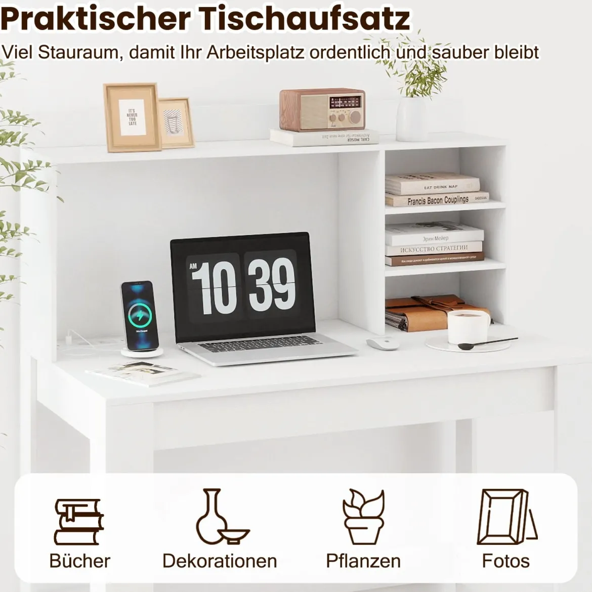 Computertisch mit Aufsatzschrank Bürotisch mit Steckdosen & Kabeldurchführung moderner Schminktisch-Schreibtisch Weiß