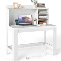 Computertisch mit Aufsatzschrank Bürotisch mit Steckdosen & Kabeldurchführung moderner Schminktisch-Schreibtisch Weiß