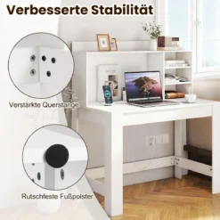 Computertisch mit Aufsatzschrank Bürotisch mit Steckdosen & Kabeldurchführung moderner Schminktisch-Schreibtisch Weiß