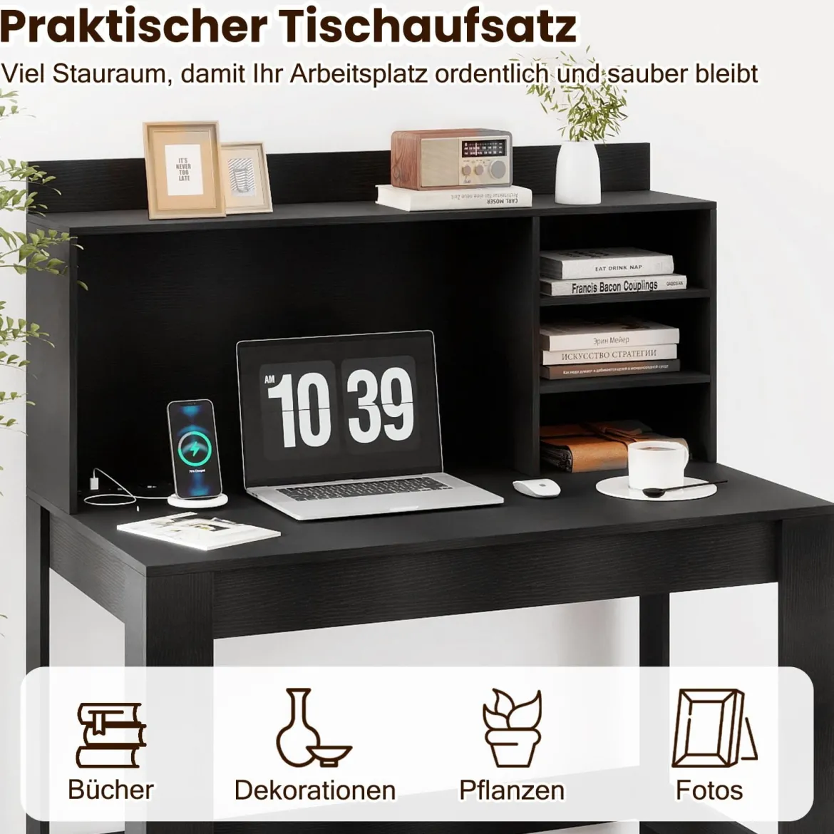 Computertisch mit Aufsatzschrank Bürotisch mit Steckdosen & Kabeldurchführung moderner Schminktisch-Schreibtisch Schwarz