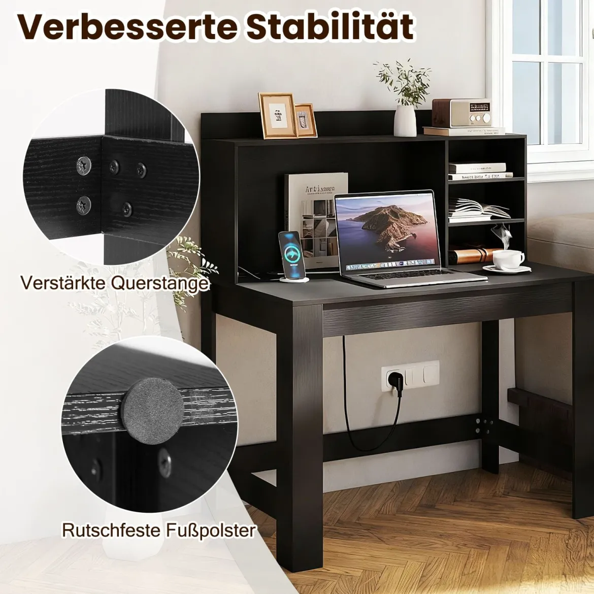 Computertisch mit Aufsatzschrank Bürotisch mit Steckdosen & Kabeldurchführung moderner Schminktisch-Schreibtisch Schwarz