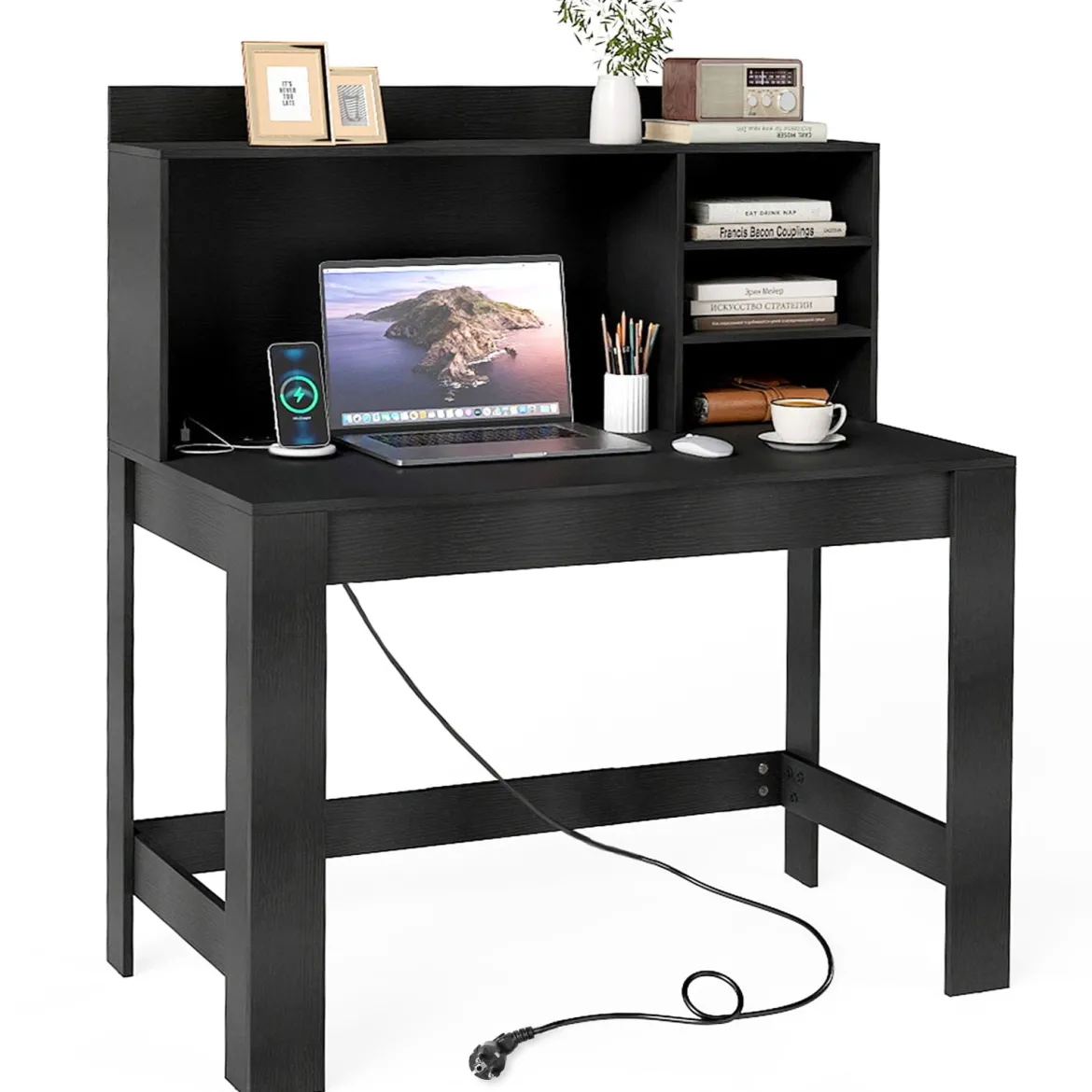 Computertisch mit Aufsatzschrank Bürotisch mit Steckdosen & Kabeldurchführung moderner Schminktisch-Schreibtisch Schwarz