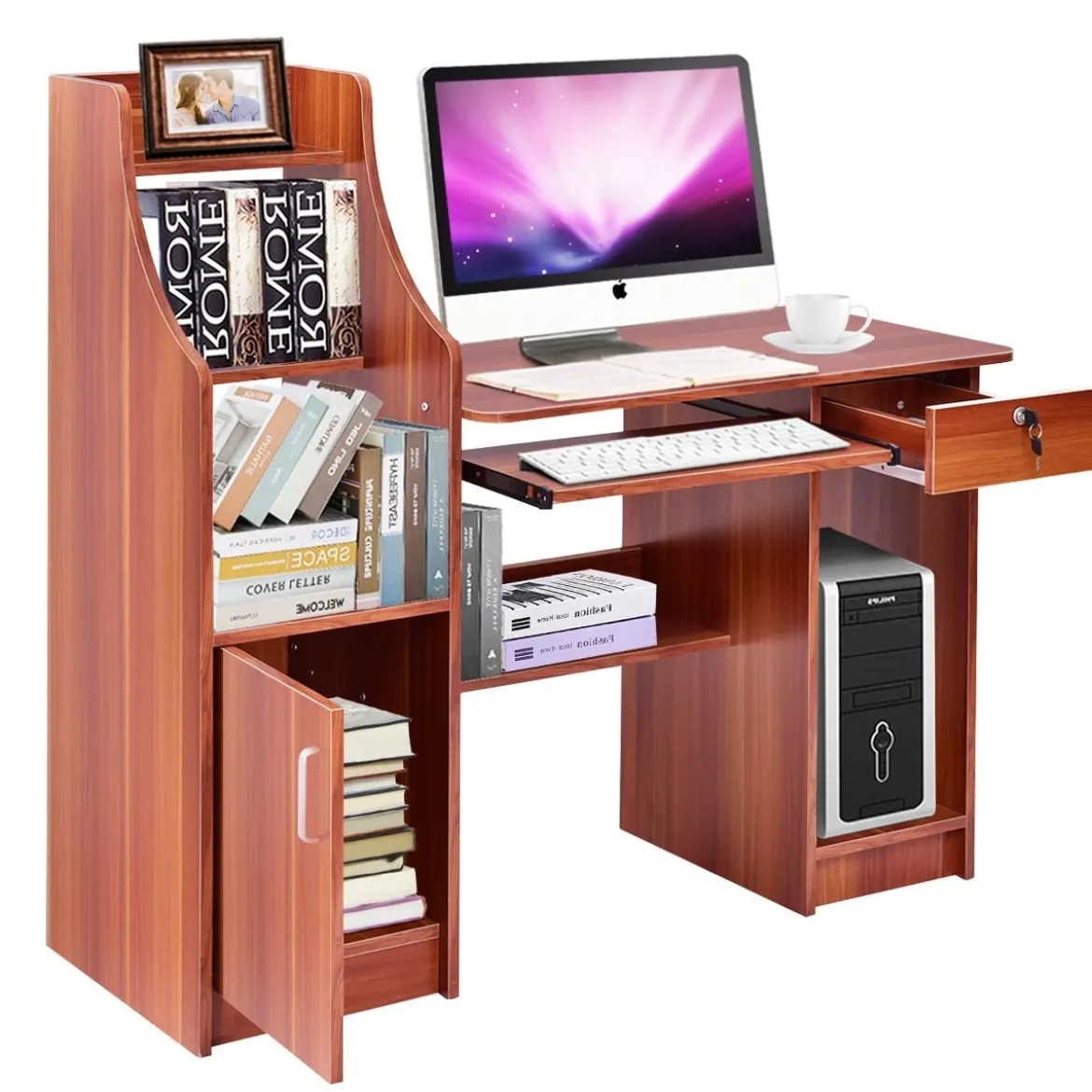 Computertisch mit Bücherregal Holzschreibtisch mit Ablagefächern und Schrank moderner Arbeitsplatz Schreibtisch für Arbeitszimmer Büro