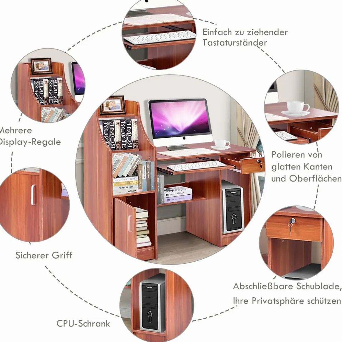 Computertisch mit Bücherregal Holzschreibtisch mit Ablagefächern und Schrank moderner Arbeitsplatz Schreibtisch für Arbeitszimmer Büro