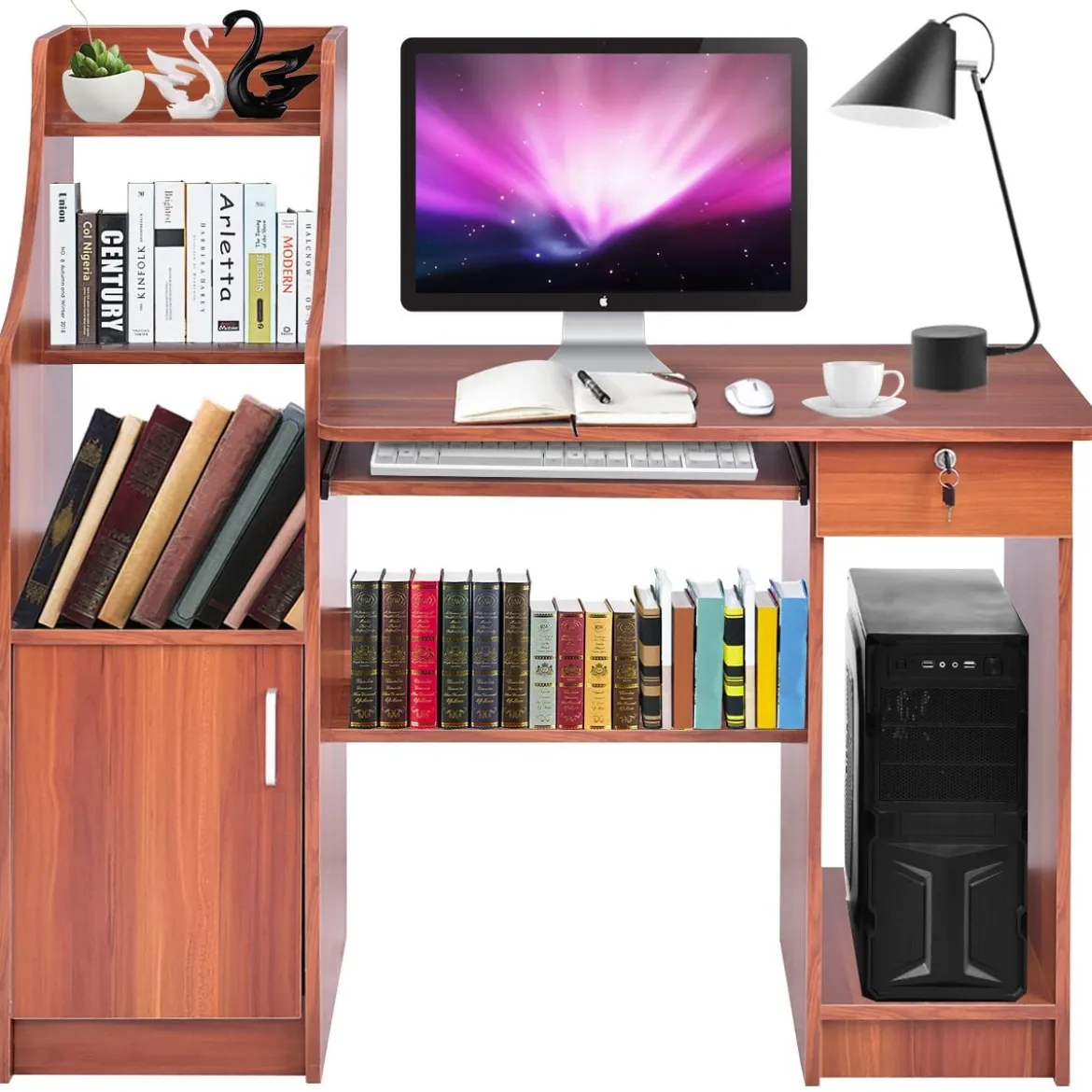 Computertisch mit Bücherregal Holzschreibtisch mit Ablagefächern und Schrank moderner Arbeitsplatz Schreibtisch für Arbeitszimmer Büro