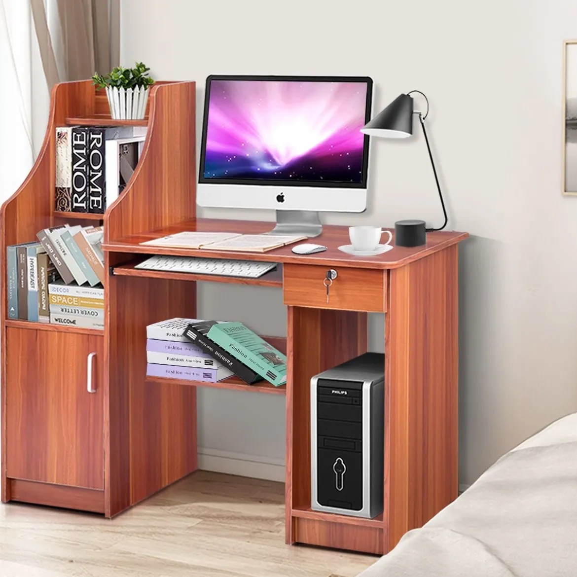 Computertisch mit Bücherregal Holzschreibtisch mit Ablagefächern und Schrank moderner Arbeitsplatz Schreibtisch für Arbeitszimmer Büro