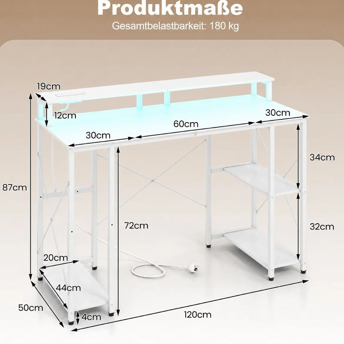 Computertisch mit LED-Beleuchtung Steckdosen & Monitorständer 120 x 50 x 87 cm