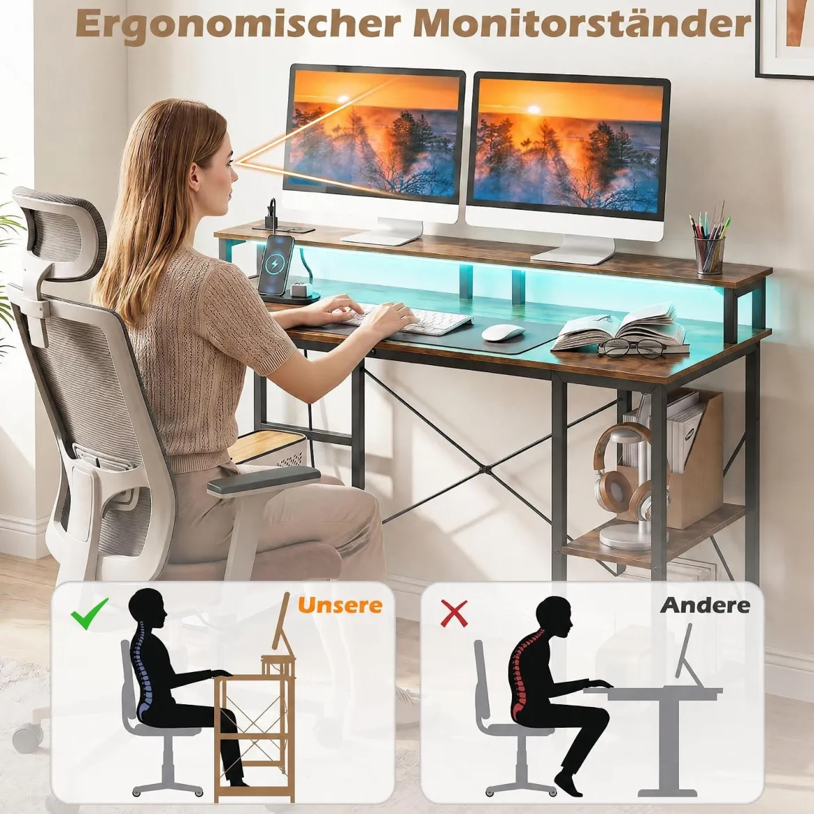 Computertisch mit LED-Beleuchtung Steckdosen & Monitorständer 120 x 50 x 87 cm
