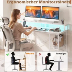 Computertisch mit LED-Beleuchtung Steckdosen & Monitorständer 120 x 50 x 87 cm