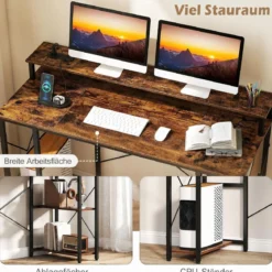 Computertisch mit LED-Beleuchtung Steckdosen & Monitorständer 120 x 50 x 87 cm