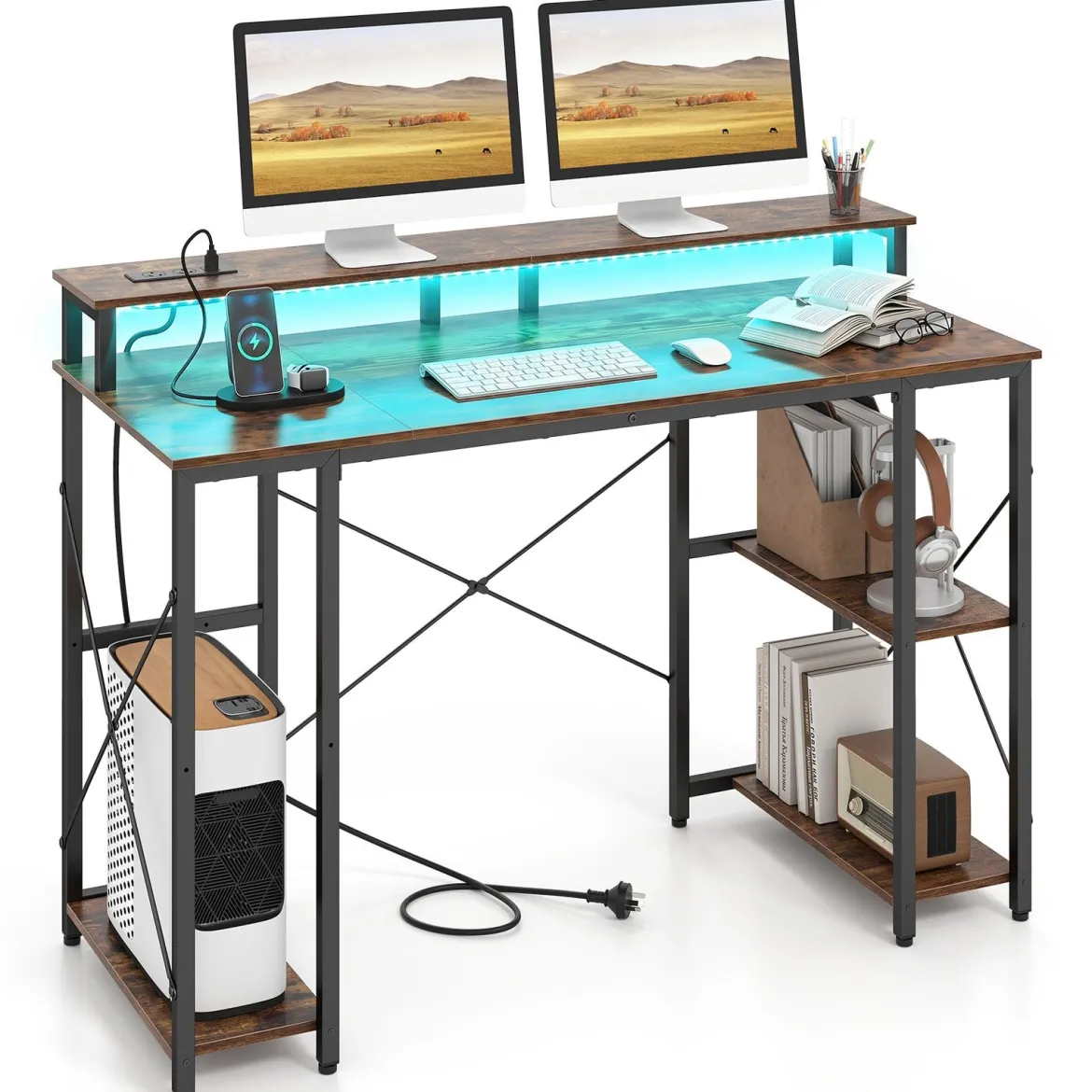 Computertisch mit LED-Beleuchtung Steckdosen & Monitorständer 120 x 50 x 87 cm