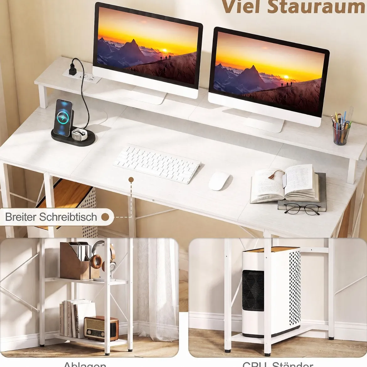 Computertisch mit LED-Beleuchtung Steckdosen & Monitorständer 120 x 50 x 87 cm