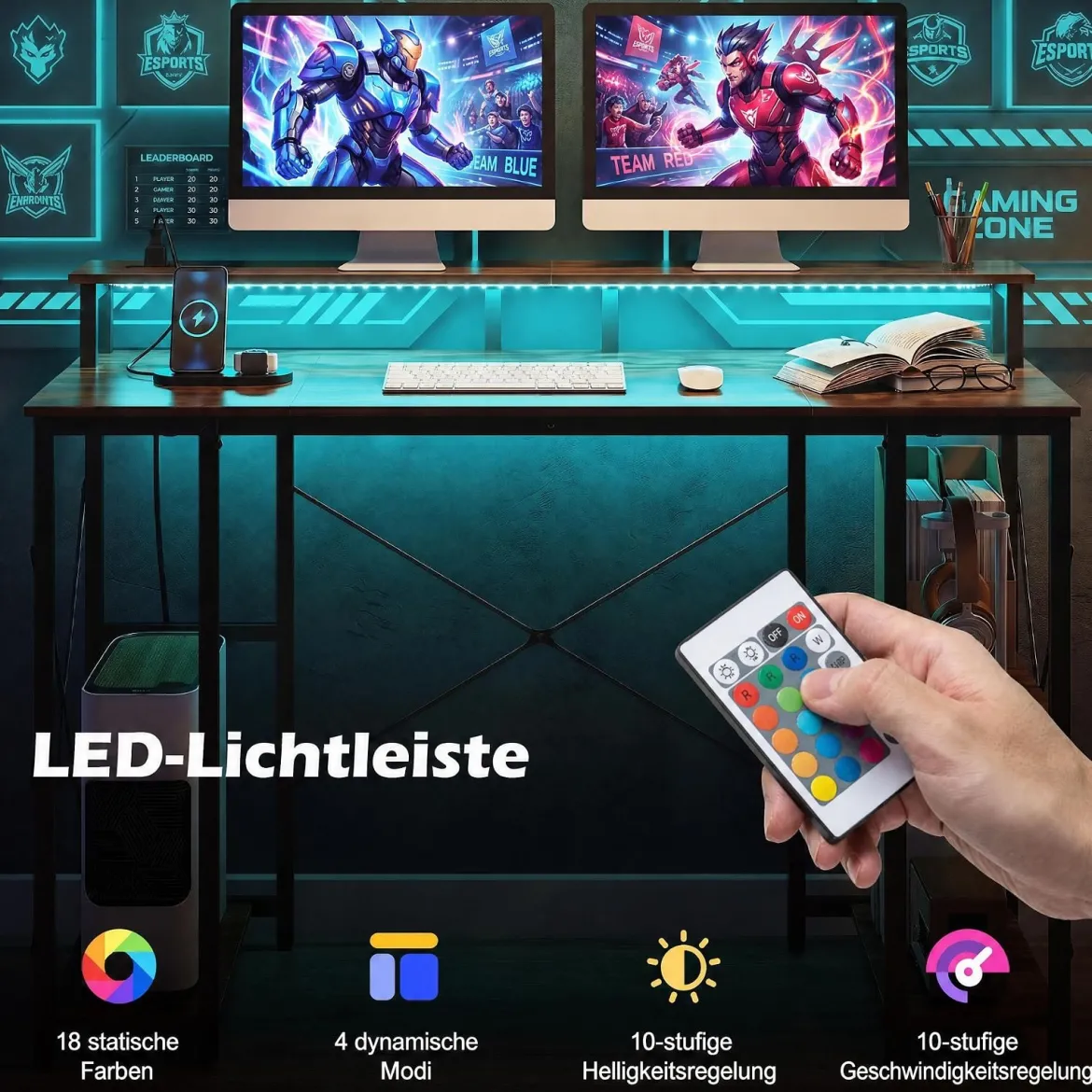 Computertisch mit LED-Beleuchtung Steckdosen & Monitorständer 120 x 50 x 87 cm